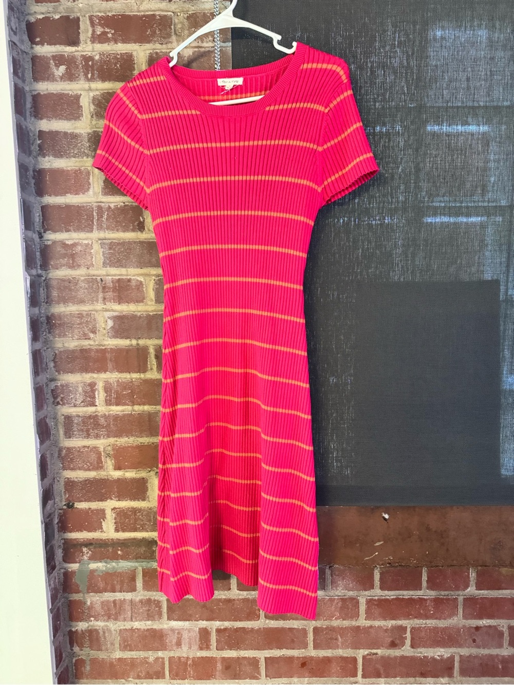 Bright Pink Striped Midi Sweater Dress